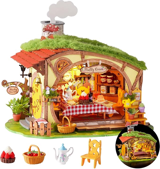 Rolife DIY Miniature Dollhouse Kit Fluffy Grove, Stress Relieving Fantasy Forest Mini House Building Kit with LED, Cozy Fairy Cottage Wooden Dollhouse Craft for Adults Teens, Bookshelf Home Decor Gift