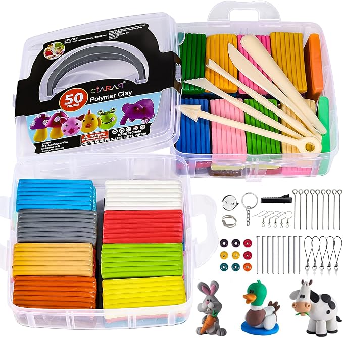 CiaraQ 50-Color Polymer Clay Oven Bake Modeling Kit for Kids & Artists | Non-sticky & non-toxic. 3.24 lb. With sculpting tools. Classroom & Home Use. Fun gift for Children & artists. Ages 4+