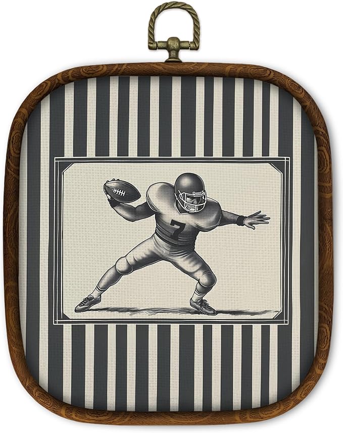 WULQYING Vintage Football Wall Art Decor, Boys Sports Framed Canvas Art Prints, Grey Striped Classic Football Player Wall Hanging Decor for Kids Nursery Room Home Bedroom Sport Room, 5.7x6.5 Inches