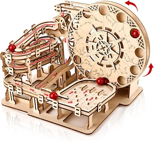 3D Wooden Puzzles for Adults Marble Run Model Building Kit, 178pcs Astrolabe Sphere with Red Marbles, DIY Craft Hobby Set, Creative Mechanical Puzzle Gift for Adult & Teens