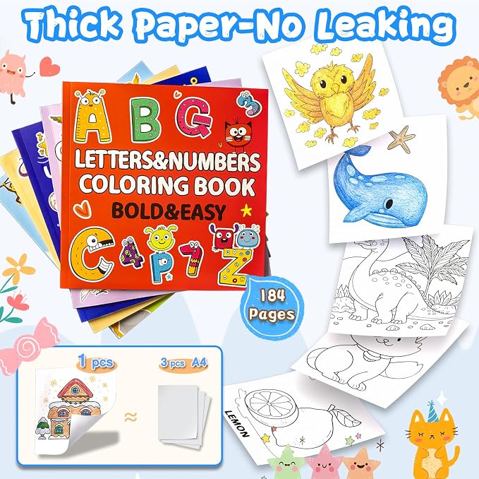 KIDS KING Coloring Book Kit, 5 Themes: Letters & Numbers | Animals | Ocean | Dinosaurs | Birds, Contains Colored Pencils Cute Styles for Painting, Arts & Crafts for Adults and Teens