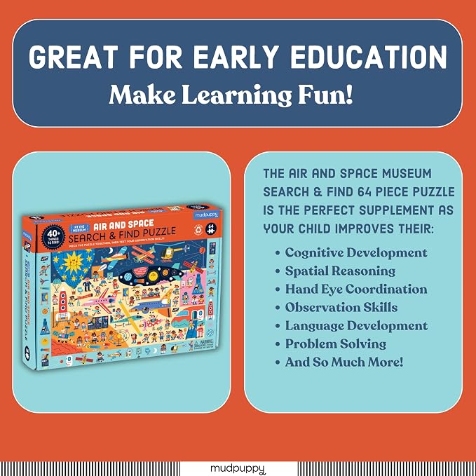 Mudpuppy Air and Space Museum — 64 Piece Search & Find Puzzle Jigsaw Puzzle Featuring A Variety of Aviation and Space Artifacts and Over 40 Hidden Images to Find for Ages 4+