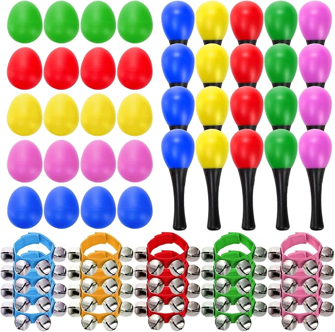 Cididu 60 Pcs Shaker Musical Instruments, 20 Pcs Kids Egg Shaker with 20 Wrist Hand Band Bells and 20 Sand Hammer Shakers, Kids Music Early Learning Percussion Toy Easter, Ideal Gift for Music Lovers