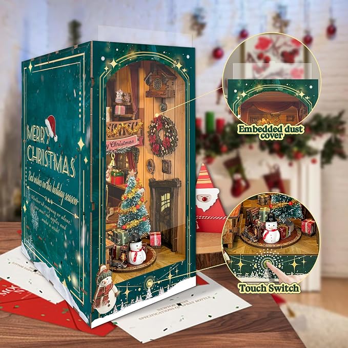 Christmas Book Nook Kit with LED Light - DIY 3D Puzzles Miniature House Kit Rotating Decorative Dollhouse Book Nooks for Adults Teens Gift - Jingle Cabin (SQ-34)