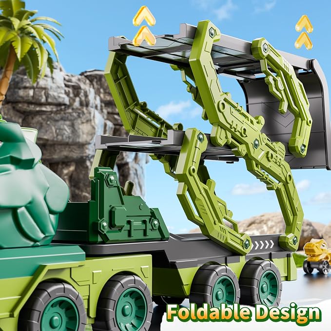 10 in 1 Dinosaur Truck Toys for Kids Aged 3-5 4-8 with Foldable Race Track, Carrier Truck with 9 Dinosaur Toy Car for Boys, Spraying, Light and Sound, Birthday Gifts for Girls Toddlers 5-7
