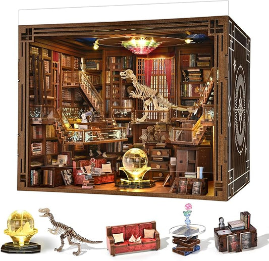 MiniCity Book Nook Kit, DIY Miniature Dollhouse Booknook Kit, 3D Wooden Puzzle Bookend Bookshelf Insert Decor with LED Light for Teens and Adults (Beyond Library Max)