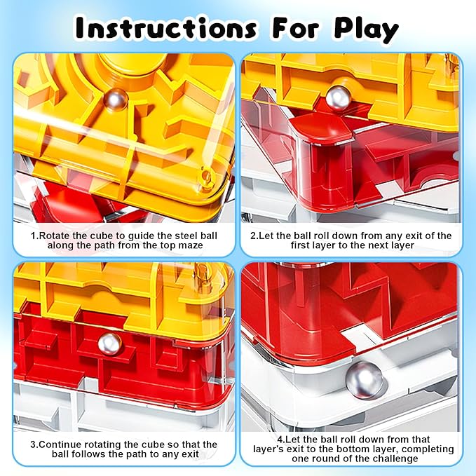 3D Rolling Ball Maze Cube, Large Labyrinth Puzzle, Brain Teaser Toy for Spatial Recognition and Logical Thinking (4 Sections)