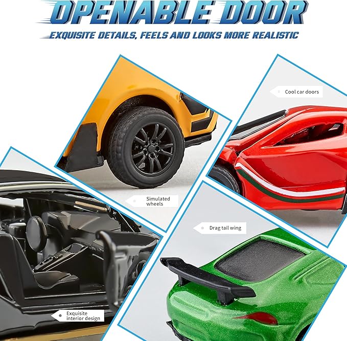 KIDAMI Racing Cars Die-cast Metal Toy Cars Set, Mini Toddler Toy Vehicle with Openable Doors, Pull Back Car, Gift Pack for Kids (4 Pack)