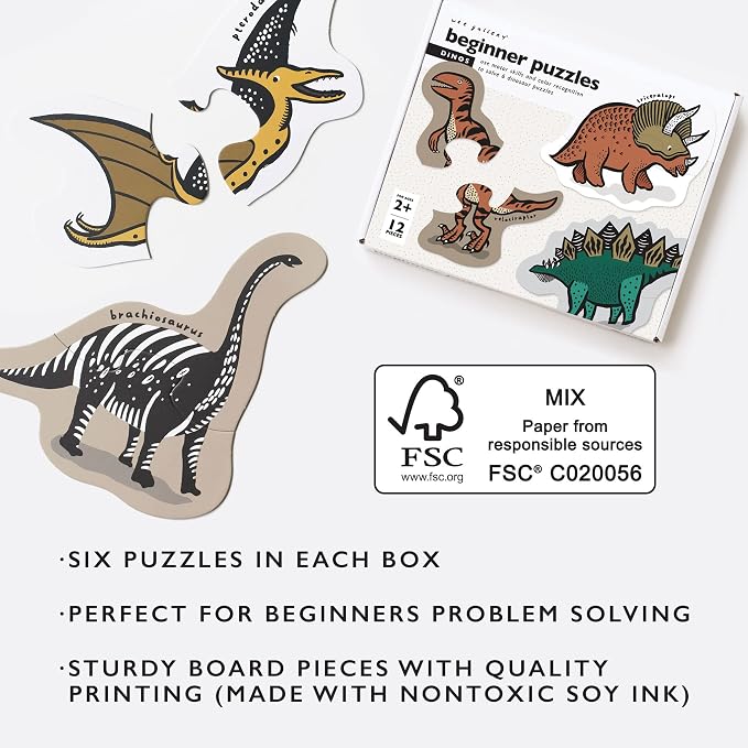 Wee Gallery Dinos Beginner Puzzle - Jigsaw Puzzles for Toddlers - Sensory Toys Promoting Cognitive & Motor Development - Sustainable Learning Toys for Toddler, Kids (12 Pieces, 6 Puzzles)