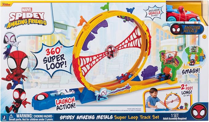Marvel Spidey and His Amazing Friends Amazing Metals Super Loop Track Set - 28-Inch Race Track with Launcher, 360 Degree Super Loop, and Exclusive Amazing Metals Vehicle