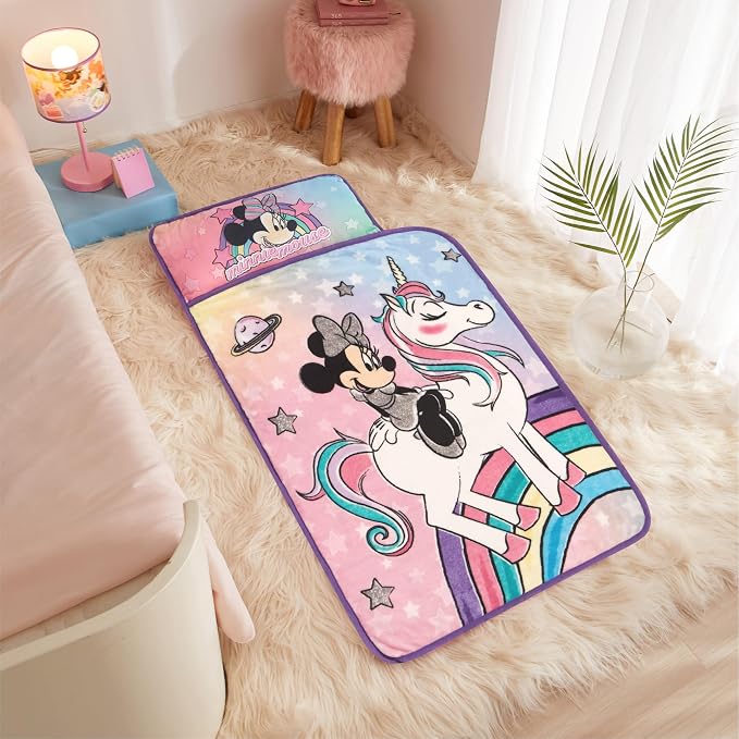 Super Soft Plush Toddler Quilted Nap Mat with Built in Blanket and Pillow