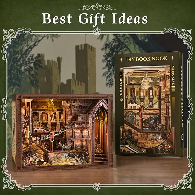 CCCDF Book Nook Kit - DIY Dollhouse Kit Miniature House for Adult and Teens, Booknook Bookshelf Decor with LED Light, Gifts for Family and Friends (Robin Hood - The Castle's Escape)