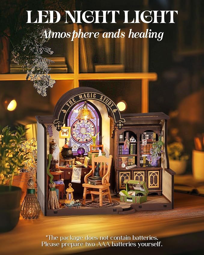 Robotime DIY Miniature House Kit, 1:18 Magic Study Diorama Dollhouse with LED Lights, 3D Wooden Puzzle for Adults, Craft Hobby Gift for Women Men Teens