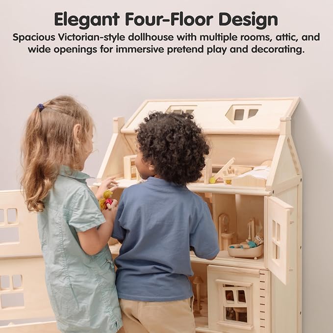 PlanToys® Grand Victorian Dollhouse | Wooden 4-Floor Dollhouse for Kids 3Y+ | Includes Attic, Opening Panels & Sliding Sashes | Encourages Imaginative Play & Social Interaction