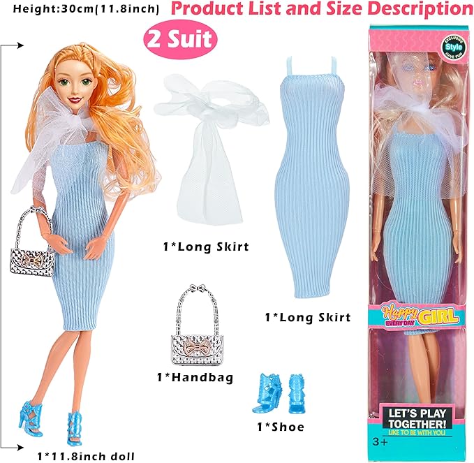 6 Pack Fashion 11.5 inch American Toy Prinecess Dolls Playset with Outfits Dress Design and Accessories Like Handbag Hat Crown Necklace Suitcase (Gift Box Package)