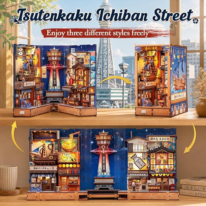 CUTEBEE Book Nook Kit - DIY Miniature House Japanese Street Diorama, Fold-Out Dollhouse Booknook for Adults, Tiny House Bookshelf Decor 3D Wooden Puzzle Gifts (Tsutenkaku Ichiban Street)