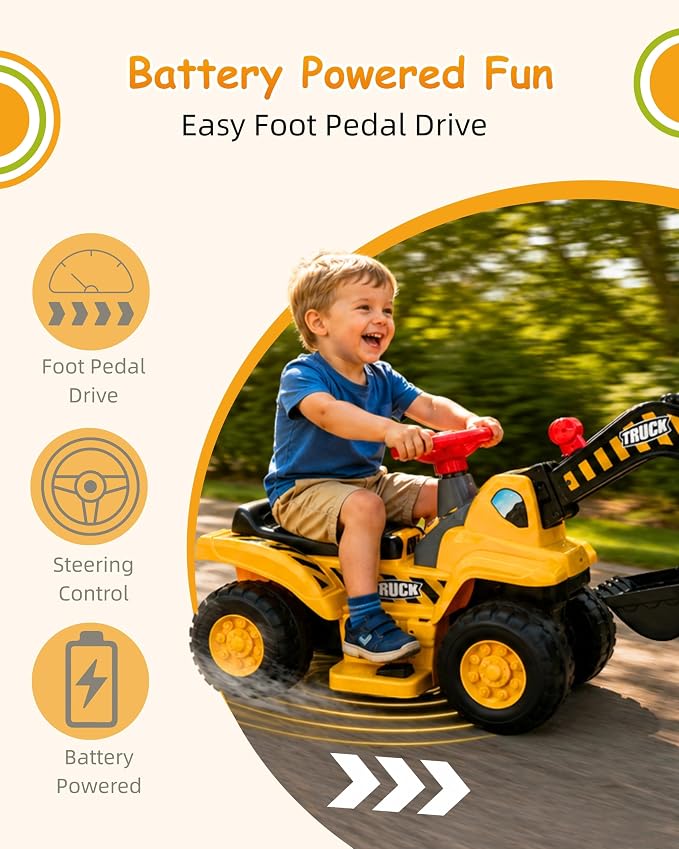 Kids Excavator Ride On Toy, 6V Electric Ride On Excavator for Ages 2+ with Rechargeable Battery, Sounds, Storage, Toy Hard Hat and 3 Rocks