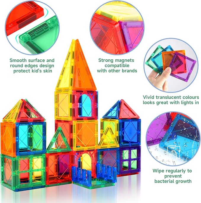 NVHH Magnetic Tiles for Kids Ages 3-5 4-8, Magnetic Building Blocks Toys for 3+ Year Old Boys Girls Toddlers,Colorful Preschool Educational STEM Learning Construction Stacking Christmas Birthday Gifts