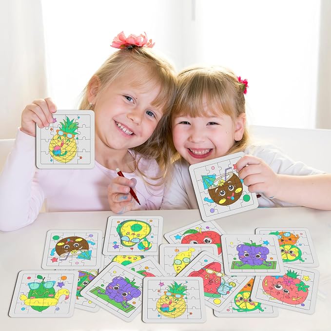 Cinrobiye 24 Pcs Fruit Coloring Puzzle Craft Kit for Kids, DIY Tropical Fruit Jigsaw Puzzles Bulk with 12 Designs, Summer Arts and Crafts for Tutti Frutti Party Favors, Classroom Rewards