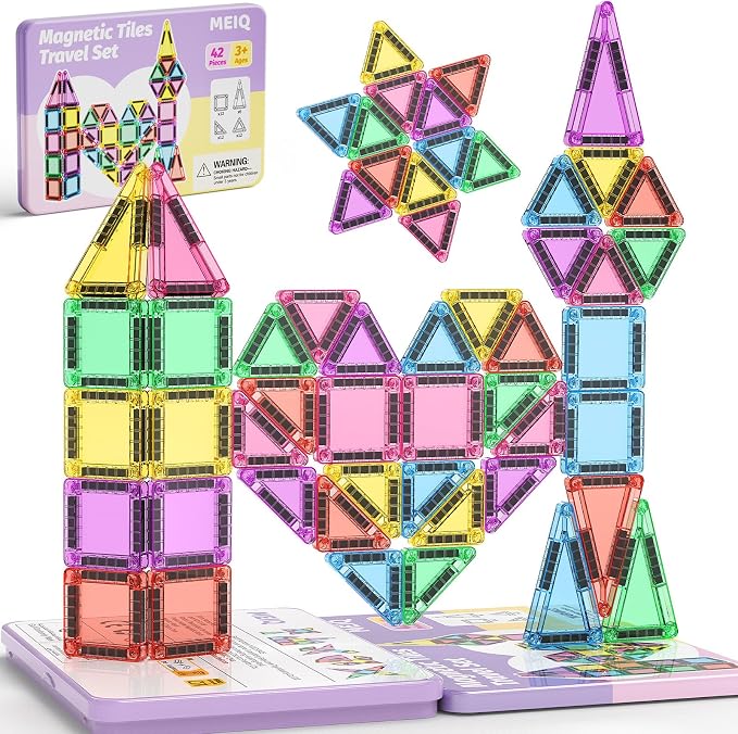 42-Piece Mini Magnetic Tiles Travel Set with Metal Storage Box - Portable STEM Building Blocks for Kids Ages 3-8, Montessori Educational Toys for Airplane & Car Rides, Gift for Boys & Girls