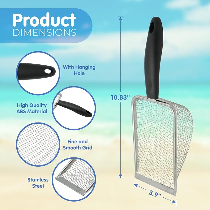 4E's Novelty 2X Shark Tooth Sifter for Beach with 2X Small Mesh Beach Bag for Shell Collecting, Metal Sand Scoop for Picking Up Shells - Beach Toys for Kids (2 Sets)
