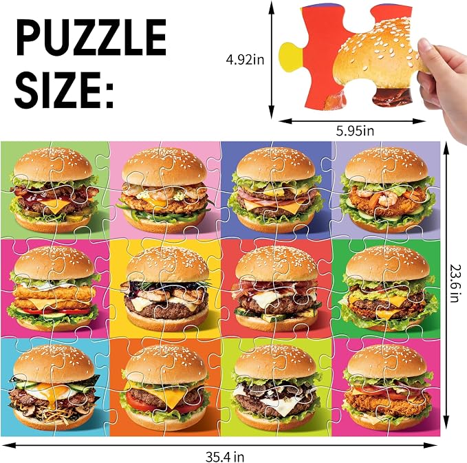 IFLOVE Hamburger Floor Puzzle for Kids — 48 Piece Jumbo Burger Jigsaw Puzzle, Food-Themed Puzzle with Colorful Hamburgers, Educational Toy Birthday for Boys Girls Ages 3-8
