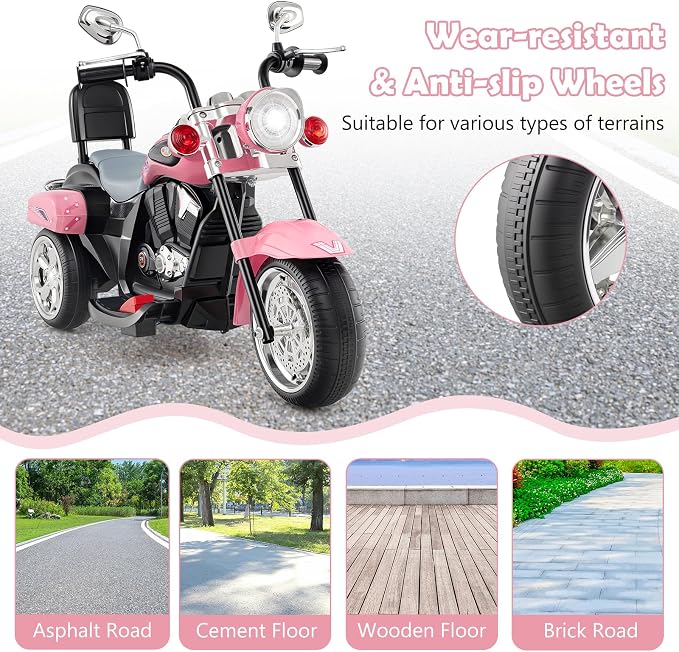 Costzon Kids Motorcycle, 6V Battery Powered Ride on Chopper Motorcycle w/Horn, Headlight, 3-Wheel Stable Ride on Toys, Electric Toddler Motorcycle for Kids, Gift for Boys Girls (Laser Pink)
