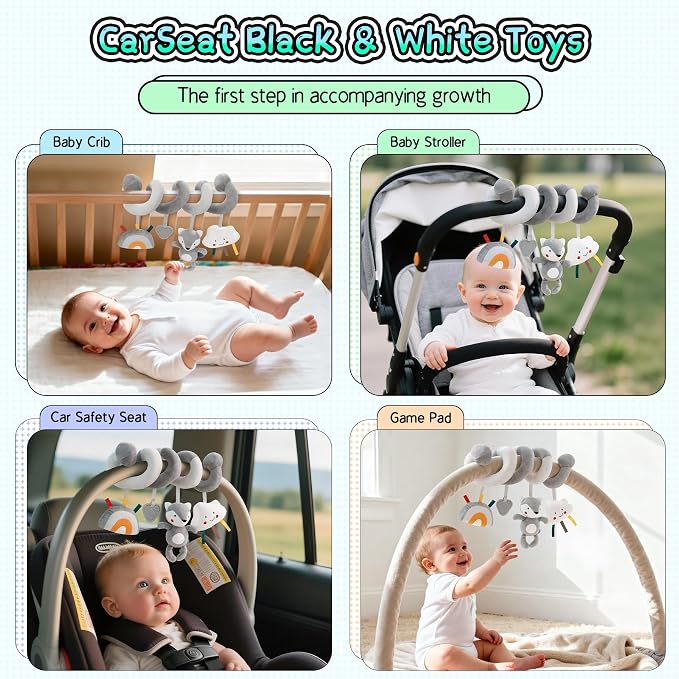 Car Seat Toys for Babies 0-6 Months: Travel Baby Toy for Soft Hanging Toys for Carseat, Spiral Stroller Activity Toy Plush for Infant Boys Girls, Grey Fox