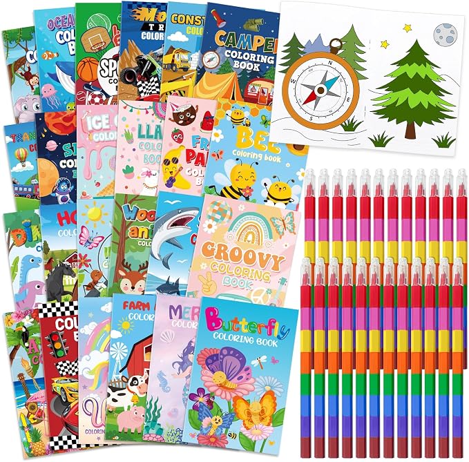 Cinrobiye 24 Coloring Books Bulk with 24 Stacking Crayons Set Mini Activity Books Small Coloring Books for Birthday Party Favors Gifts Goodie Bags Fillers Classroom Travel Activities