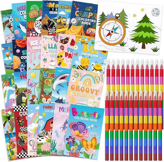 Cinrobiye 24 Coloring Books Bulk with 24 Stacking Crayons Set Mini Activity Books Small Coloring Books for Birthday Party Favors Gifts Goodie Bags Fillers Classroom Travel Activities
