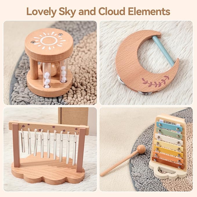 Wooden Xylophone Musical Instrument Sets Toy for Kids, Rattle Bell Montessori Cloud Toddler Music Percussion Toys, Christmas Birthday Gifts for Boys Girls 3 Year+
