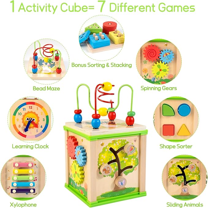 WOODMAM Wooden 7-in-1 Activity Cube| Montessori Toys for 1 Year Old Toddlers| Baby Educational Developmental Toys |One Year Old Boys Girls First Birthday Gifts |Bonus Sorting & Stacking Board