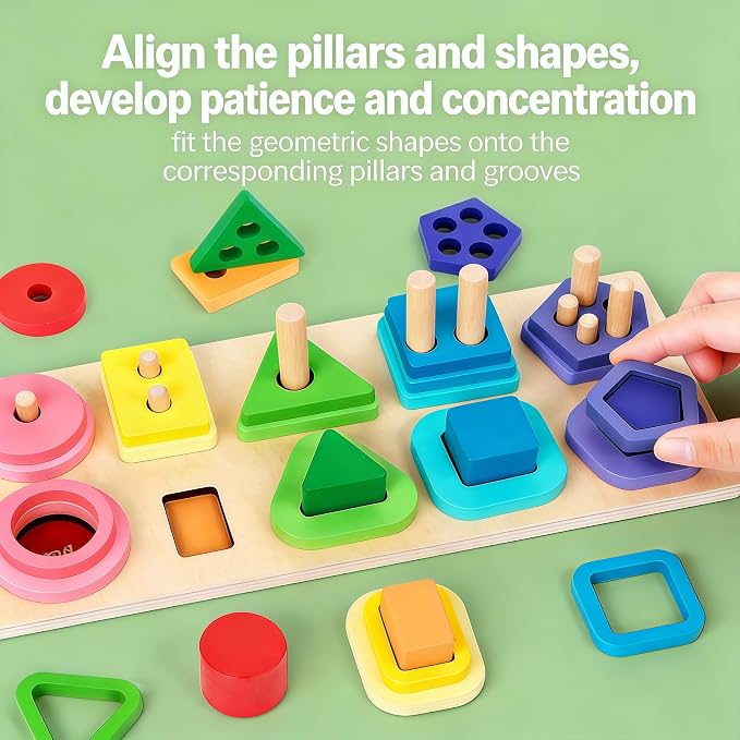 Montessori Toys for 1-3 Year Old Wooden Stacking & Color Shape Sorters, Educational Sensory Toys for Toddlers, Boys Girls Birthday Gifts, Travel Toy