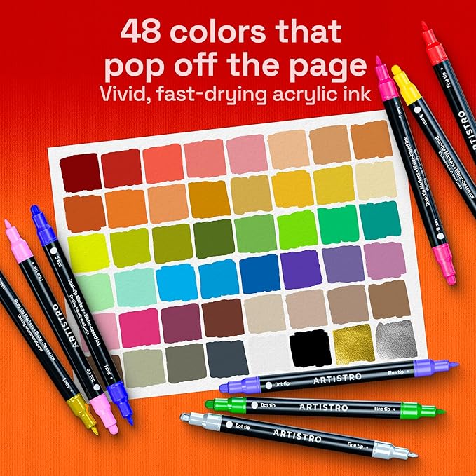 ARTISTRO 48 Precision Dual-Tip Acrylic Paint Markers – Paint Pens Set with Dot & Fine Tips for Fabric, Rock, Glass, Wood, Coloring Books – Arts & Crafts Gift – Classroom Must Haves & School Supplies