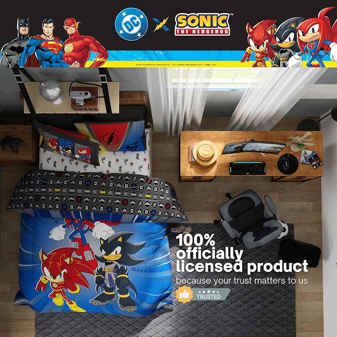 DC x Sonic The Hedgehog Kids Bedding Set, Full Size, 5-Piece Super Soft Cozy Reversible Comforter & Sheet Set (Officially Licensed Product) by Franco