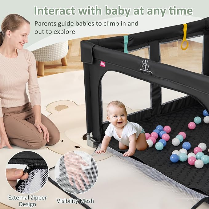INFANS Foldable Baby Playpen with Mat, 50” x 50” Large Baby Play Yard for Infant with 50 Ocean Balls, 4 Handlers, Carry Bag, Indoor Outdoor Fence Toddler Activity Center (Black, 50” x 50”)