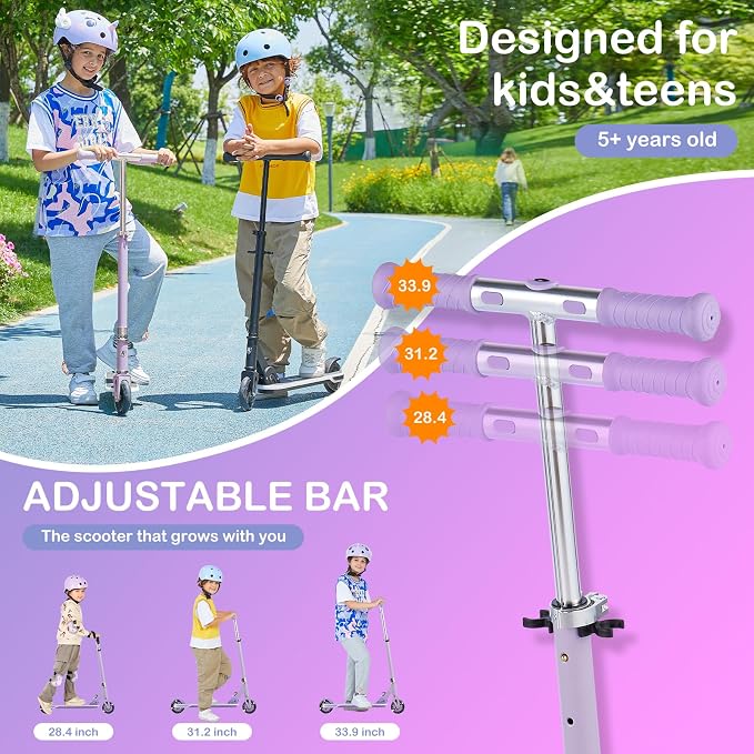 Rahmory Kick Scooter for Ages 5-12,Kid, Teens. Max Load 155 LBS. Foldable, Lightweight, with Light up Wheels and Dynamic Light Deck, Teen and Adults, 3 Adjustable Levels.
