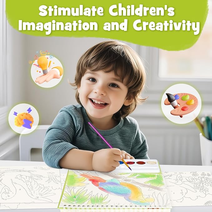 Watercolor Painting Coloring Books, Paint with Water Arts & Crafts Kit for Kids, Travel Activities Art Supplies Party Favors Exchange Birthday Gifts for Boys Girls, Spiral-Bound(Animals)