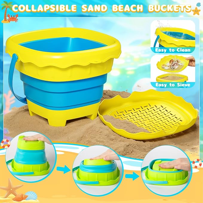Shemira Beach Sand Toys for Kids, Travel Sand Toys with 4 Collapsible Beach Bucket, Sifter Shovels Set & Mesh Bag, Sandbox Outdoor Beach Toys Essentials for Toddlers Boys Girls 3 4 5 6 7 8 9 10