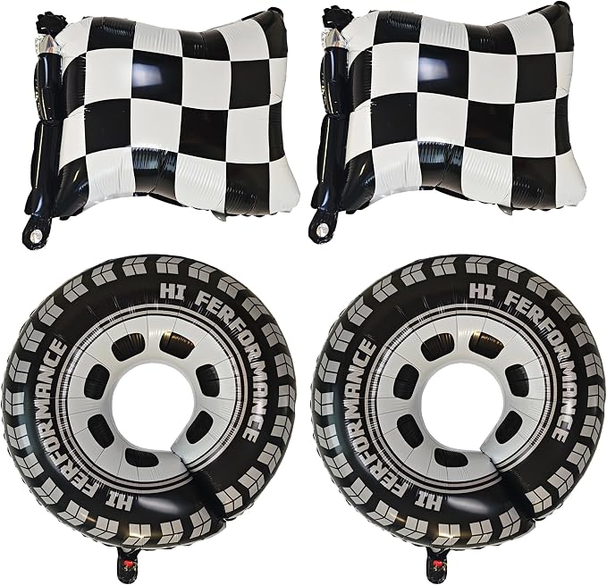 4PCS tire balloons black and white checkered balloon Foil Balloon Race car Tire balloons for birthday boy race Themed party Baby Shower Decorations