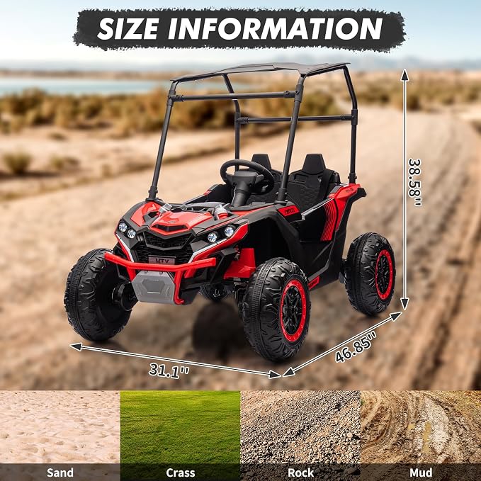 Garvee 24V 2-Seater Kids Ride on Car with Remote Control 4WD Electric Truck with Sun Shade Ride on Toy Off-Road UTV with 4-Wheel Shock Absorber, LED Lights, Music