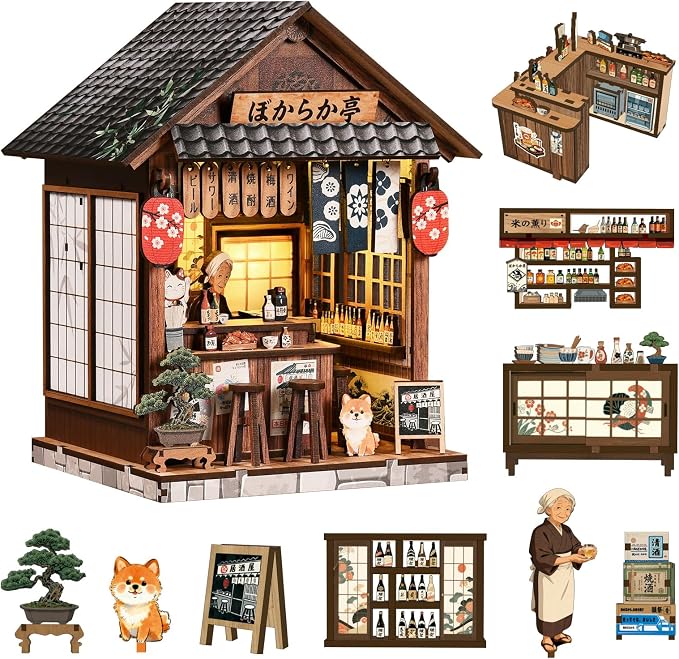 Book Nook Japan(Yiran Izakaya) Booknook Dollhouse Model, Decorative Bookshelf Display & Home Decor, 3D Wooden Puzzles Book Corner, DIY Miniature House Set