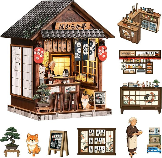 Book Nook Japan(Yiran Izakaya) Booknook Dollhouse Model, Decorative Bookshelf Display & Home Decor, 3D Wooden Puzzles Book Corner, DIY Miniature House Set