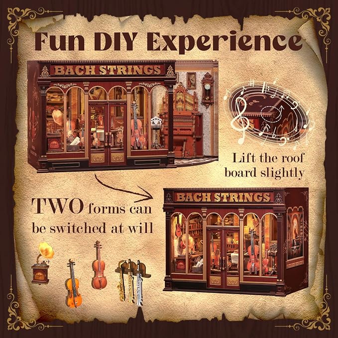 CUTEFUN Book Nook Kit - Musical Instrument Store Dollhouse Bookshelf Decor, 3D Wooden Puzzle Tiny House Miniature Model Building Kits, DIY Crafts Gifts for Adults Teens & Book Lovers (Bach Strings)