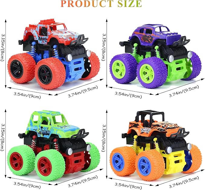 Monster Truck for Boys 3 4 5 6 7 Year Old,4 Pack Push and Go Friction Powered Car Toys, Double-Directions Inertia Pull Back Vehicle Set,Birthday Party Gift for Kids
