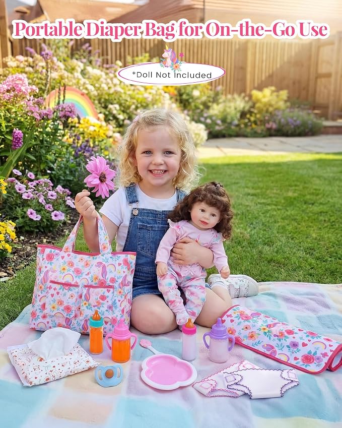 BABESIDE 14 Pcs Baby Doll Accessories with Magic Bottles, Baby Doll Diaper Bag Set Includes Changing Mat, Diapers and Bottle with Disappearing Milk for 12-16 Inches Dolls Kids Gift