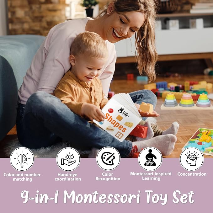 Pine Bunny Montessori Wooden 11-in-1 Toy Set for 13+ Months 3-in-1 Coins Carrots Matchsticks box Shape Sorter Bunny Doll Sand Hammer Animal Puzzle Educational Learning and Problem Solving Toddler Toys