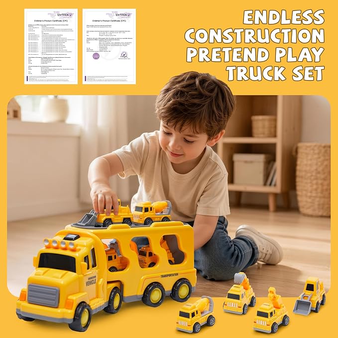 JoyRapt 5 in 1 Construction Truck Toys for Toddlers 3-5, Carrier Transport Trucks 4 Pack Small Pull Back Construction Vehicles Friction Power Cars, Christmas Birthday Gift Toys for Boys Girls.