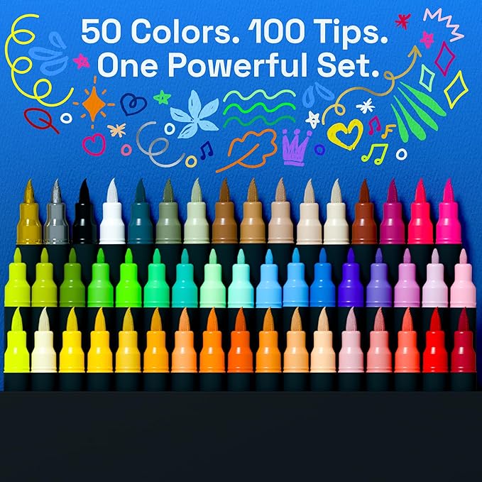 ARTISTRO 50 Acrylic Paint Markers - Paint Pens for Glass Marking, Rock Painting, Ceramic, Wood, Fabric, DIY, Craft, Canvas - Art and Craft Supplies for Adults, Teens, Kids (Brush + Fine Tips)