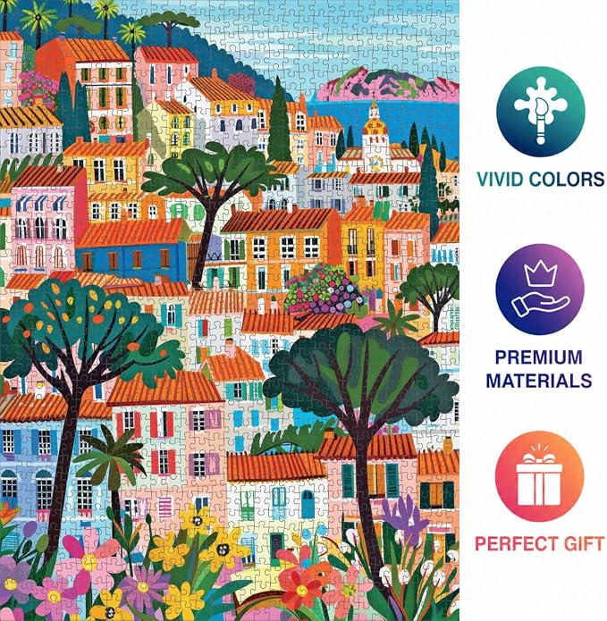 Cross & Glory – A Bright Day in Cannes – 1000 Piece Jigsaw Puzzle for Adults | Modern Folk Art French Riviera Scene | Minimalist, Colorful Travel Puzzle